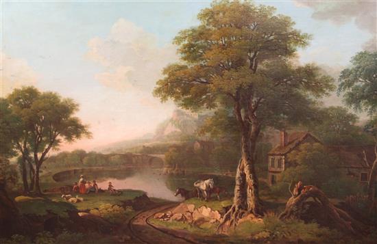 Attributed to Anthony Thomas Devis (1729-1816) River landscapes with cattle and equestrian figure 24 x 36in.